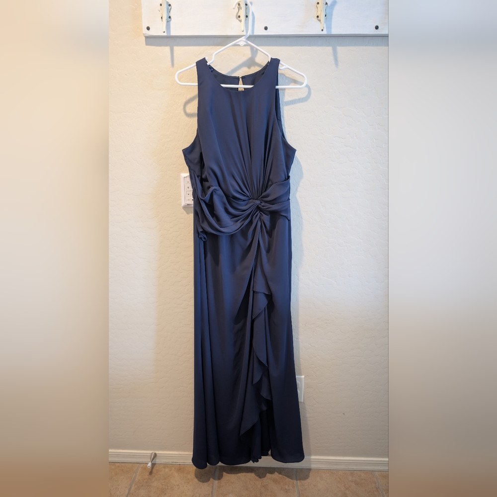David's Bridal Navy Blue Halter Gown Asymmetrical Skirt